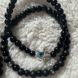 NWOT 2 Black Beaded Bracelet with Hamsa Charm